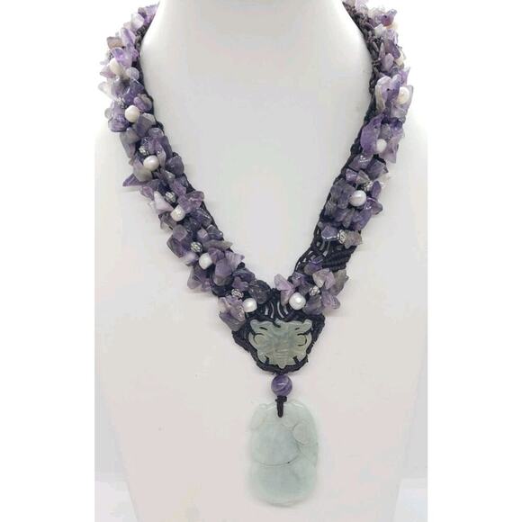 Vintage Necklace Amethyst Genuine Pearl Jade Elephant & Butterfly Pendants - Picture 1 of 13